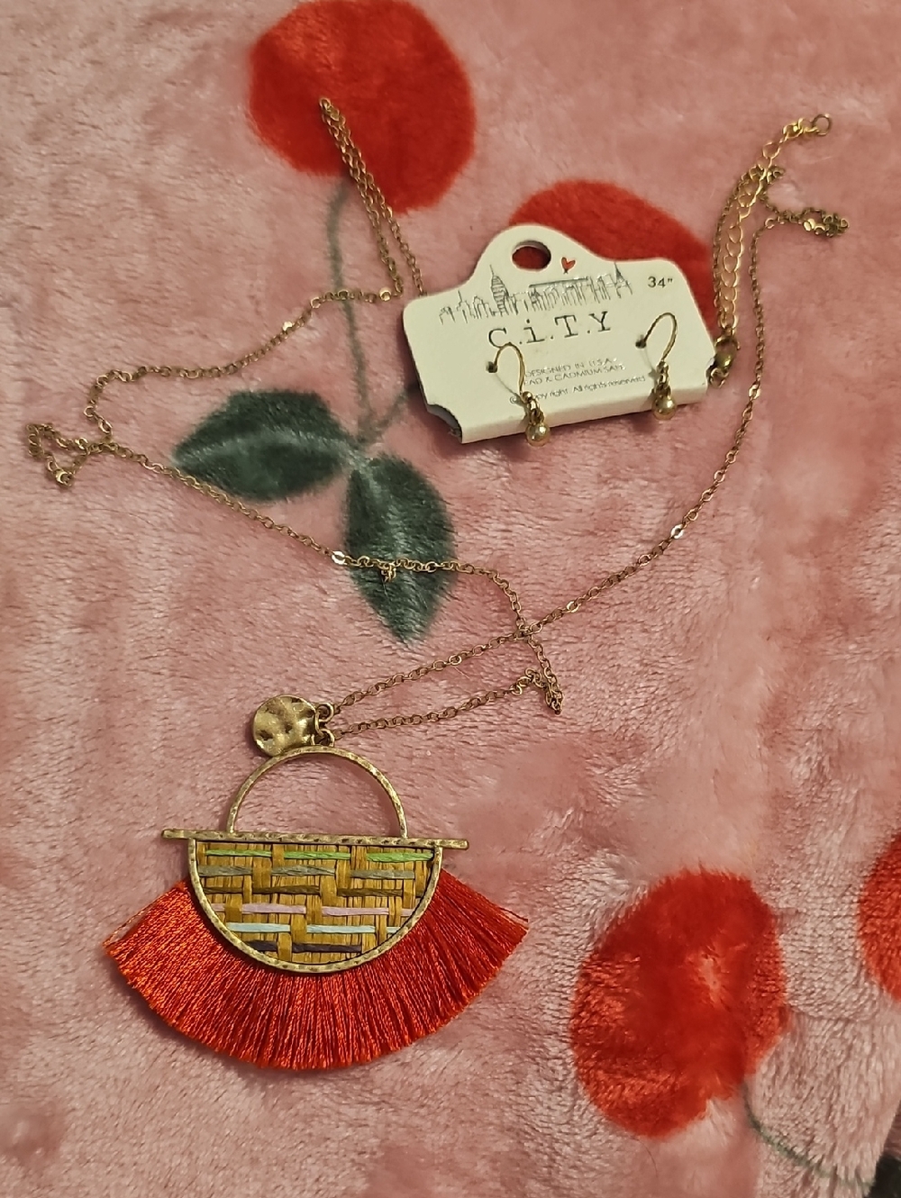 Gold-Tone Woven Basket Pendant Necklace with Red Fringe by